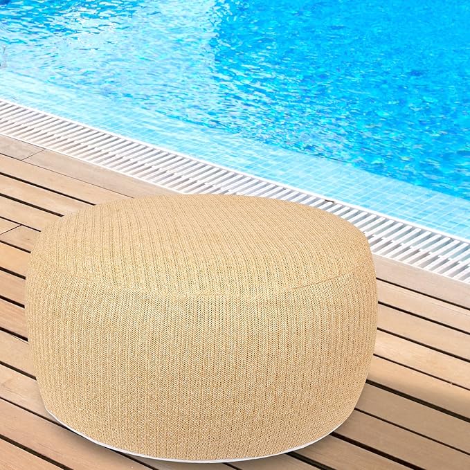 Woven Inflatable Ottoman, Fade-Resistant D31”x H14” Outdoor Indoor Pouf Patio Footrest Stool with Portable Handle, Round Ottoman for Patio Garden, Camping, Bedroom, Living Room