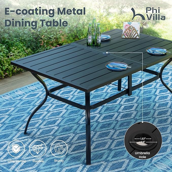 PHI VILLA Patio Dining Set for 6, Swivel Dining Chairs with Padded Textilene and Large Metal Table (1.57'' Umbrella Hole), All Weather Table and Chairs for Outdoor Lawn (Blue)