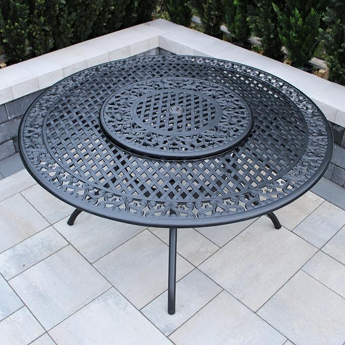 Oakland Living Ornate Outdoor Mesh Aluminum 59-in Black Large Round Patio Dining Table with Lazy Susan