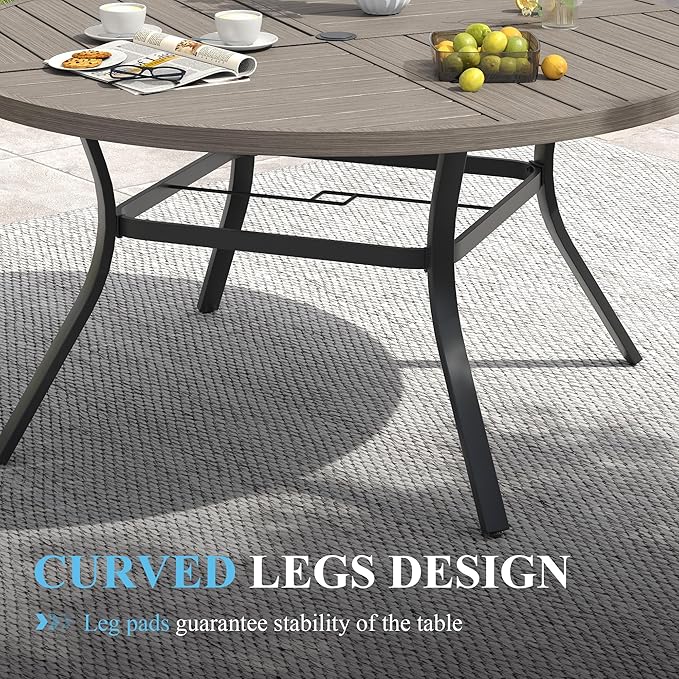 VICLLAX Patio Table and Chair Set of 8, All Weather Metal Round Outdoor Dining Furniture Set-53 Round Outdoor Table and Chairs, Grey Wood Grain Tabletop