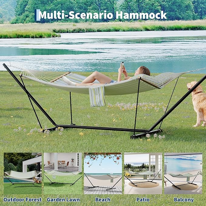 Portable 2 Person Double Hammock with Sturdy Heavy-Duty Steel Stand – 450LBS Max Load, Quick & Effortless Assembly, Perfect for Indoor Living, Yard, Patio & Camping Trips