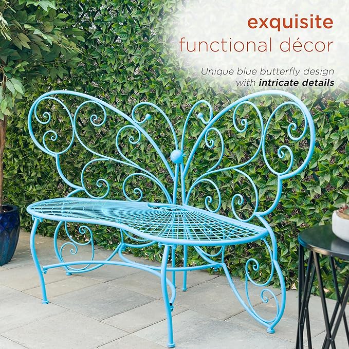 Alpine Corporation BAZ400BL Indoor Outdoor Metal Butterfly Shaped Garden Bench, 62" Long, Blue