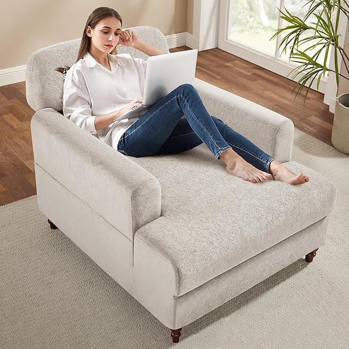 VANOMi Chaise Lounge Accent Chair Indoor with Adjustable Backrest, Oversized Upholstered Deep Seat Reading Arm Chair, Comfy Cloud Fluffy Chaise Sofa Recliner, for Living Room, Movie, Bedroom