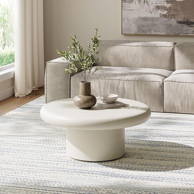 Modway Argos Round Concrete Coffee Table in White - Cement Low Coffee Table for Sitting on The Floor - Weather Resistant Stone Patio Coffee Table - Indoor Outdoor 34 Inch Center Table