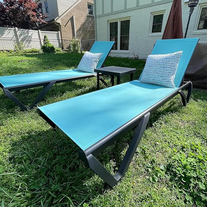 Domi Pool Lounge Chairs Set of 2, Aluminum Adjustable Outdoor Chaise Lounge with Wheels, All Weather Poolside Chairs for Deck Lawn Patio Backyard, Textilene - Turquoise Blue