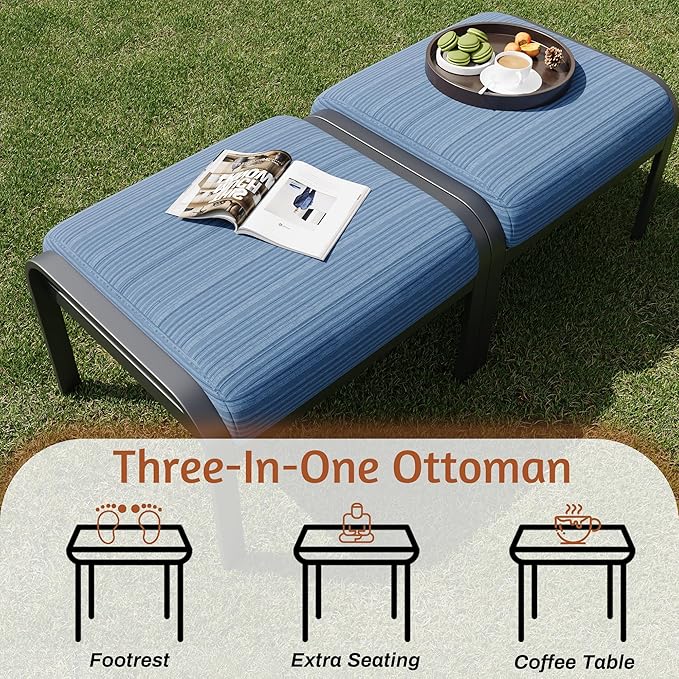 HOMREST Metal Outdoor Ottoman, 3-Piece Aluminum Footstool w/Removable Cushion, Multipurpose Footrest Stool with Coffee Side Table Additional Seating, Set of 3 Outdoor Ottomans for Patio Deck (Blue)