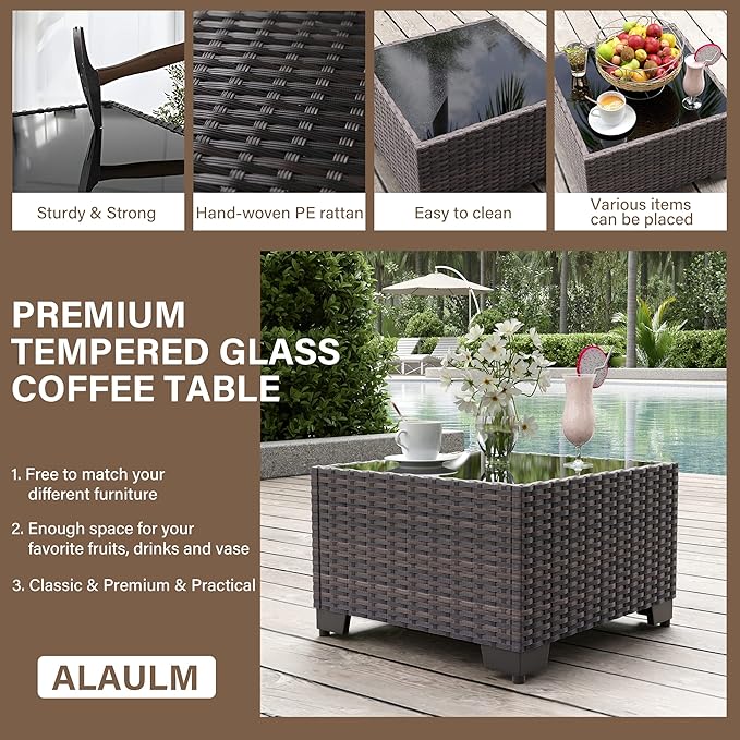 ALAULM Patio Furniture Set with Coffee Table, 7 Pieces Outdoor Sectional with Wide Seat and Thick Cushion, All Weather Wicker Rattan Conversation Set for Backyard, Garden, Deck, Grey
