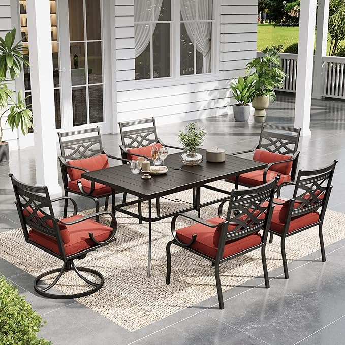 Sophia and William Outdoor Patio Dining Set for 6, Outdoor Table and Chairs, Removable Red Seat Cushions, 4 Fixed，2 Swivel Chairs, 60" Black Patio Dining Table,Red
