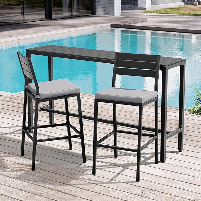 Crestlive Products Outdoor Bar Table and Chairs Set, 3 Piece Outside Patio Bar Set with 63" Long Bar Table and 2 Bar Stools for Balcony, Bistro, Garden, Backyard(Black Desktop and Light Gray Cushion)