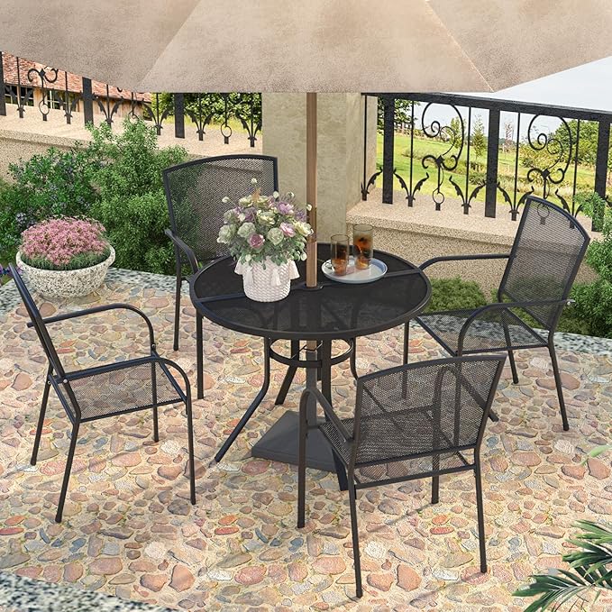 AECOJOY Outdoor Patio Dinning Table for 4, 37" Round Metal Patio Tables with 1.7" Umbrella Hole, Weather-Resistant Outside Table for Lawn Backyard Garden Porch Bistro Poolside Deck Dark Grey