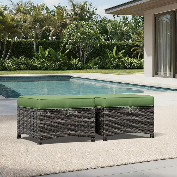 Joyside Outdoor Ottoman Set of 2, Patio Large Ottoman Foot Rest with Thickened Cushions, Outdoor Wicker Foot Stool for Porch, Deck Use
