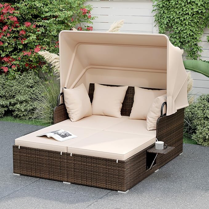 RELAX4LIFE Patio Outdoor Daybed with Canopy, Wicker Rattan Sunbed w/Cushions, 4 Pillows & 2 Retractable Side Trays, 2-Person Lounge Bed Conversation for Poolside Porch Garden (Mix Brown-Beige)