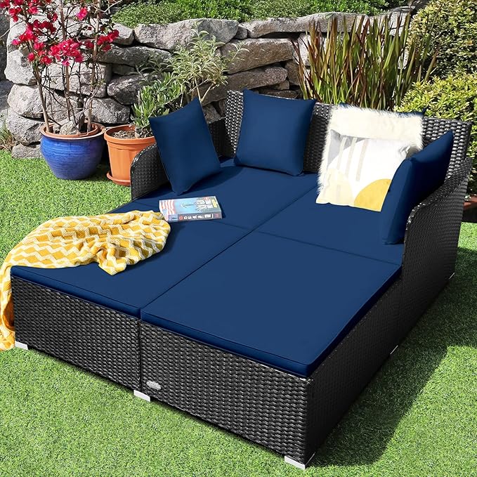 HAPPYGRILL Patio Rattan Daybed Outdoor Loveseat Sofa Set with Padded Cushion Pillows and Sturdy Aluminum Foot Wicker Patio Furniture for Garden Porch Poolside