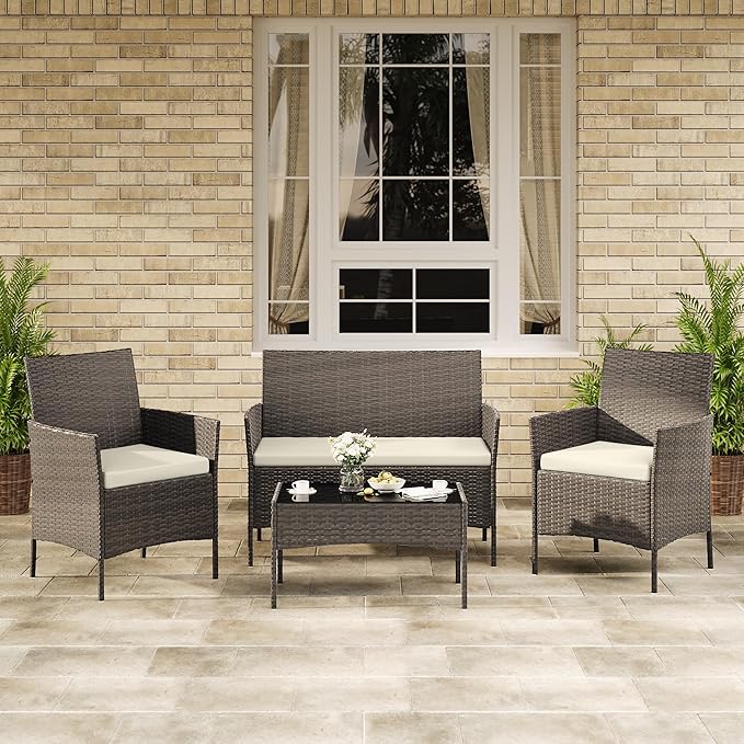 GAOMON 4-Piece Patio Furniture Set, Modern PE Rattan Conversation Set with 2 Chairs, Loveseat & Tempered Glass Coffee Table, All-Weather Outdoor Seating for Garden, Porch, Balcony, Poolside