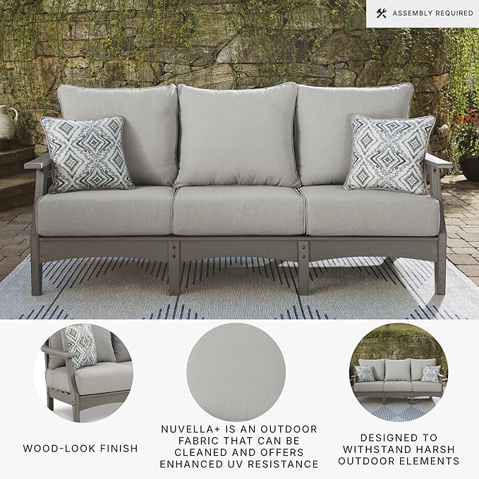 Signature Design by Ashley Visola Outdoor Patio Sofa with All-Weather Cushion and 2 Throw Pillows, Cleanable Performance Fabric, 19.88" Seat Height, Gray