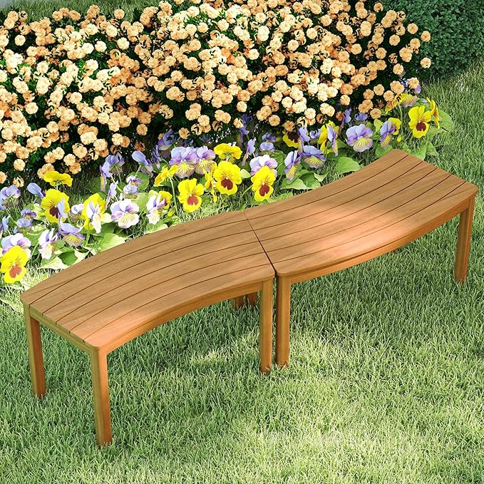 Tangkula Acacia Wood Outdoor Curved Bench Set of 4, Patio Garden Backless Fire Pit Bench with 1600 lbs Weight Capacity, Outside Seating Furniture for Front Porch, Deck & Backyard
