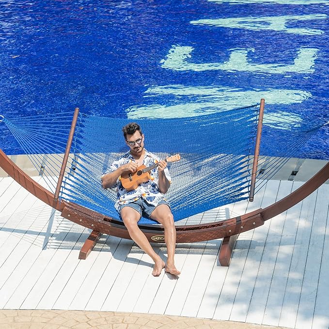 Lazy Daze Hammocks 10.5 FT Double 2 Person Caribbean Rope Hammock, Hand Woven Polyester Hammock with Spreader Bars, for Outside Outdoor Backyard Patio Poolside, 450 LBS Capacity, Blue