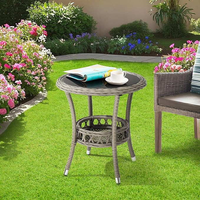 VINGLI Outdoor Wicker Side Table, Patio Side Tables for Outside Tempered Glass Top Wicker Table with Storage End Table for Balcony Porch Deck (Grey)