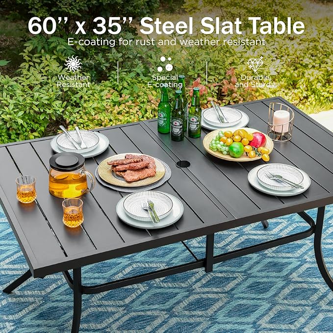 PHI VILLA 7 Pieces Outdoor Dining Set for 6, 59" Rectangle Wrought Iron Table with Umbrella Hole & Swivel Fixed Chairs with Cushions, Modern Metal Furniture for Patio, Deck, Yard, Porch