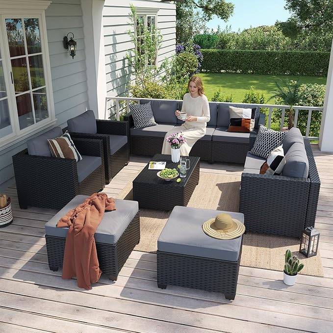 Aoxun 9 Piece Outdoor Patio Furniture Set 8 Seats, Outdoor Sectional with Thick Waterproof Cushions & Storage Coffee Table, Patio Conversation Sets for Garden,Backyard, Porch, Balcony, Deck, Gray