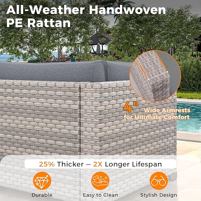 14-Seat Modern Patio Furniture Set with Swivel Rocking Chairs, Thick 4″ Cushions, Dual-Strand Wicker Rattan, Rust-Resistant Steel Frame – Outdoor Conversation & Modular Sectional,Gray