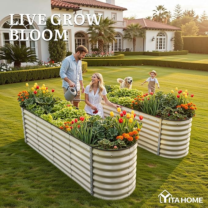 YITAHOME 24" Tall 9 in 1 Raised Garden Bed Kit,96x24 in Large Galvanized Metal Planter Box with Gloves, Safety Rubber & Support Rod, Outdoor Flower Bed for Plants Vegetables Flowers, White