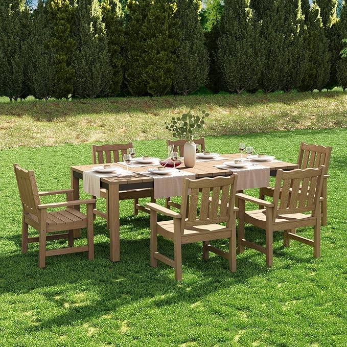 Stoog 63" All-Weather Patio Dining Table, HIPS Waterproof Tabletop with Cross-Braced Aluminum Frame & Umbrella Hole, Fade & Rot Resistant, for Backyard, Garden, Deck, Teak