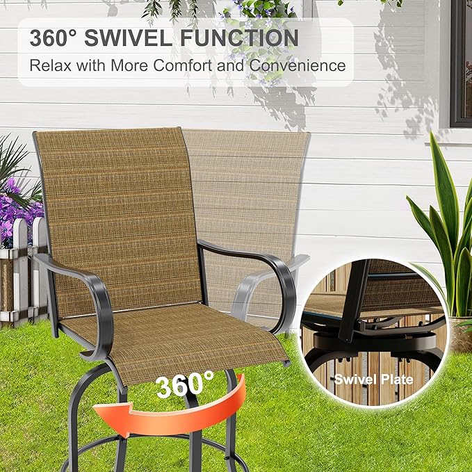 GarveeLife 2 Piece Outdoor Swivel Bar Chairs, Patio High Swivel Bar Stools, All Weather High Back and Armrest Patio Chairs, Outdoor Rotating BarChair Counter Height for Deck Lawn Garden Backyard