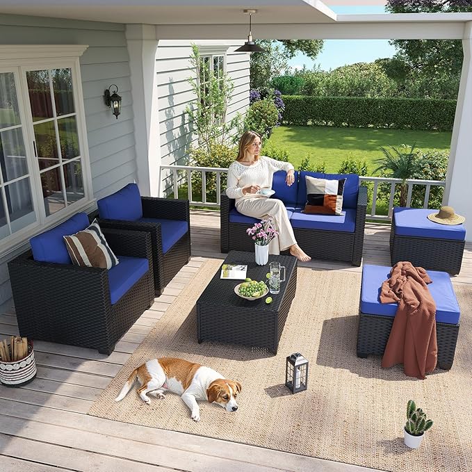 Aoxun 7 Piece Outdoor Patio Furniture Set 6 Seats, Outdoor Sectional with Thick Waterproof Cushions & Storage Coffee Table, Patio Conversation Sets for Garden,Backyard, Porch, Balcony, Deck, Blue