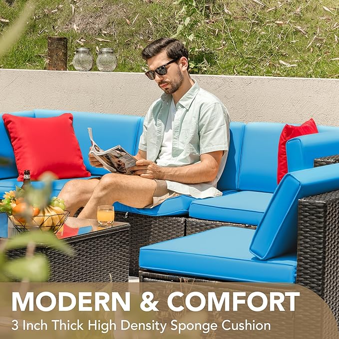 Devoko Patio Furniture Sets 6 Pieces Outdoor Sectional Rattan Sofa Manual Weaving Wicker Patio Conversation Set with Glass Table and Cushion (Blue)