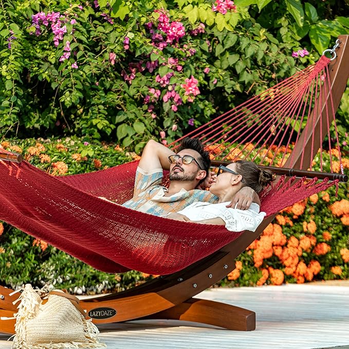 Lazy Daze Hammocks 10.5 FT Double 2 Person Caribbean Rope Hammock, Hand Woven Polyester Hammock with Spreader Bars, for Outside Outdoor Backyard Patio Poolside, 450 LBS Capacity, Red