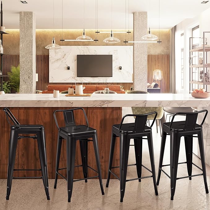 Yaheetech Bar Stools Set of 4, Metal Counter Height Chairs, 26 Inch Industrial Kitchen Stools with Backrest and Footrest for Indoor/Outdoor, Matte Black