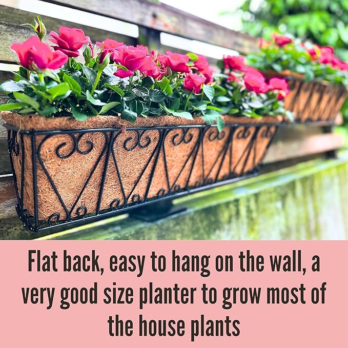 LaLaGreen Wall Hanging Planter - 4 Pack, 24 Inch Large Black Window Flower Basket Boxes Outdoor Attach House, Rectangular Deck Railing Hanging Pot with Coco Liner Over Rail Fence Balcony Patio Porch