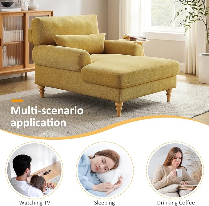 Modern Chaise Lounge Chair with Adjustable Backrest, Upholstered Indoor Leisure Sofa Recliner, Oversized Accent Chair Deep Seat Reading Armchair for Living Room, Bedroom, Office, Yellow