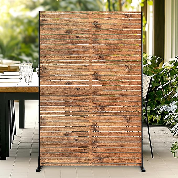 Metal Privacy Screen, 72" H×47" W Outdoor Privacy Screen, Freestanding Decorative Privacy Screen for Deck Balcony Patio, Natural Wood Brown