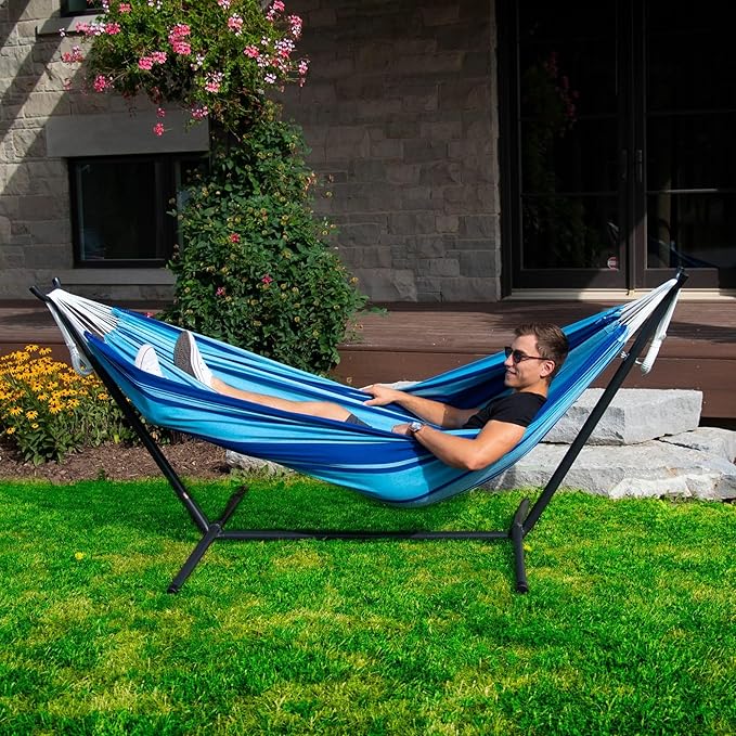 Vivere Double Cotton Hammock with Space Saving Steel Stand, Upgraded Polyester End Strings 450 lb Capacity - Premium Carry Bag Included - USA Grown Cotton (Island Breeze)