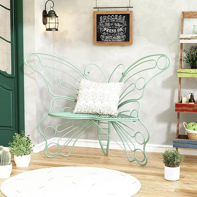 50 Inches Outdoor Bench, Garden Bench with Sturdy Iron Metal Frame, Pretty Butterfly Bench Front Porch Bench for Porch,Lawn,Garden,Yard