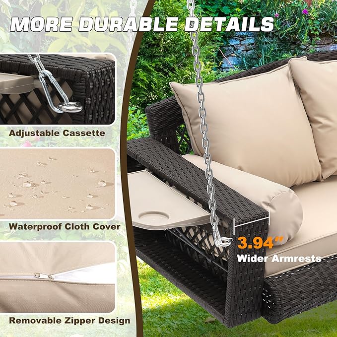 Grepatio Wicker Hanging Porch Swing - Outdoor 3 Person Patio Swing Bench with Cushion & Chains - 3-Seat Porch Swing Chair with Cup Holder for Garden, Yard, Lawn (Khaki Brown Rattan)
