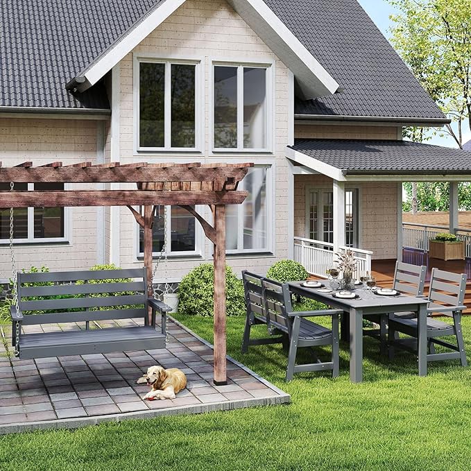 IVY&LANE Outdoor Porch Swing | HDPE Plastic | 2-Person | Hanging Bench Swings | Weatherproof | 4 Stainless Steel Chains | Grey | for Outside Patio Garden Backyard Tree