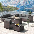 Kullavik 8 Pieces Outdoor Patio Furniture Set,Sectional Sofa Set with 43" 55000 BTU Gas Propane Fire Pit Table,Brown PE Rattan Wicker Patio Conversation Set,Grey