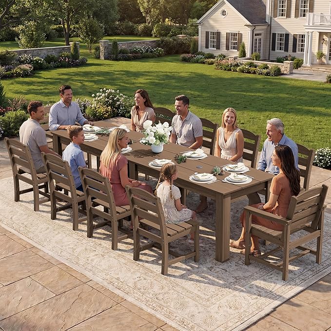 SERWALL Outdoor Dining Sets for 6, HDPE Dining Sets with 1 Umbrella Hole Cut-Out Rectangular Table and 4 Armless Chairs and 2 Armchairs, Patio Dining Sets, Brown
