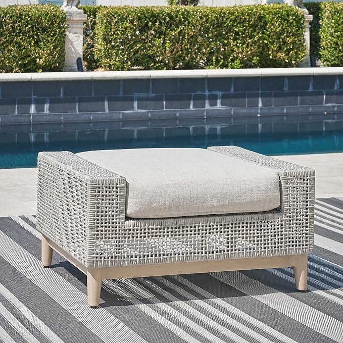 Signature Design by Ashley Seton Creek Casual Nuvella Weather Resistant Fabric Outdoor Ottoman with Cushion, Light Gray & Light Brown
