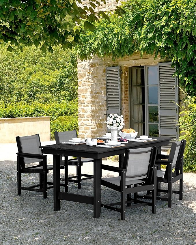 SERWALL 5 Piece Patio Dining Sets, Outdoor HDPE Dining Furniture Set with Umbrella Hole Cut-Out Table and 4 Woven Chairs, Gray