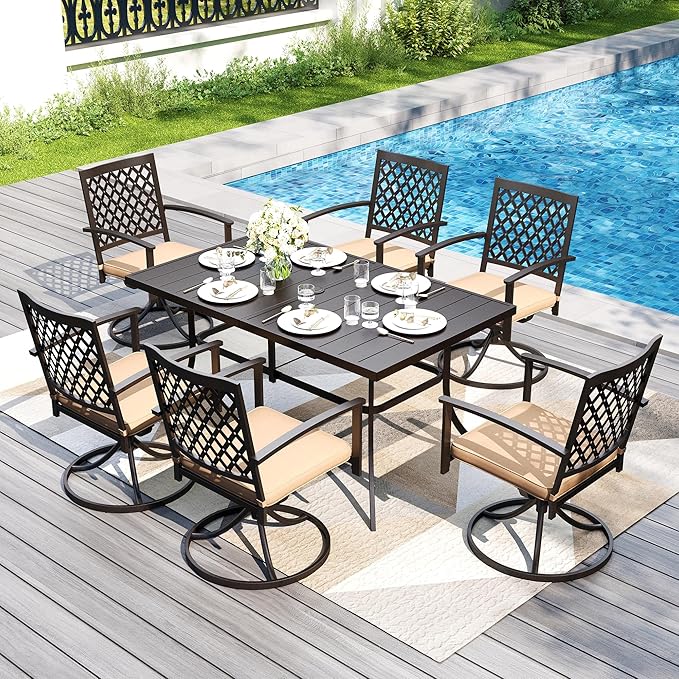 PHI VILLA 7 Pieces Outdoor Dining Set for 6, 59" Rectangle Metal Steel Table with Umbrella Hole & Swivel Wrought Iron Chairs with Cushions, Outside Furniture Set for Patio, Deck, Yard, Porch