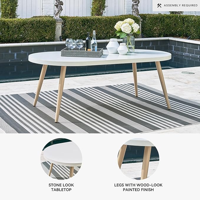 Signature Design by Ashley Seton Creek Casual Aluminum Outdoor Dining Table with Umbrella Hole and Cover Cap, White & Light Brown