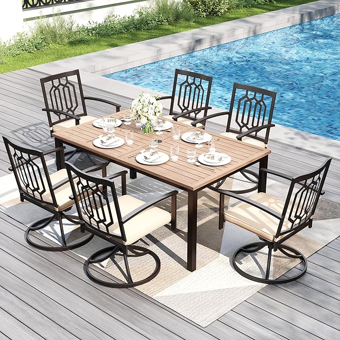 PHI VILLA 7 Pieces Outdoor Dining Set for 6, 65" Rectangular Wrought Iron Wood-Like Table with Umbrella Hole & Swivel Metal Steel Chairs, Outside Furniture Set for Patio, Porch, Deck, Backyard