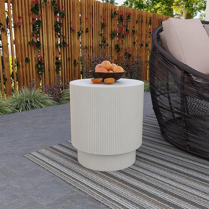 LeisureMod Modern Side Table Round Fiberstone Top Accent End Table for Home, Outdoor Patio, Living Room Sofa, Weather-Resistant, Eden Series in White