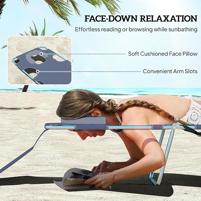 Outsunny Chaise Lounge Chair Outdoor Set of 2 with Face Arm Hole, 5-Position Reclining Face Down Tanning Chair with Carry Strap, Side Pocket, Portable Folding Bed Cot for Patio Beach Pool, Gray
