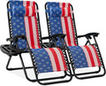 Best Choice Products Set of 2 Adjustable Steel Mesh Zero Gravity Lounge Chair Recliners w/Pillows and Cup Holder Trays - American Flag