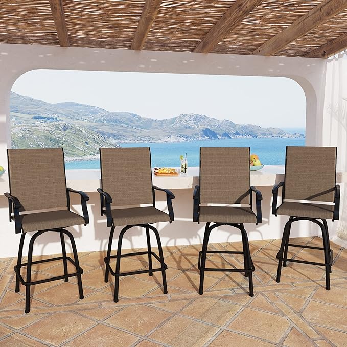 MFSTUDIO Outdoor Bar Stools Set of 4, Swivel Bar Height Patio Chairs Outdoor Barstools High Top Patio Swivel Bar Chairs, Breathable Textilene